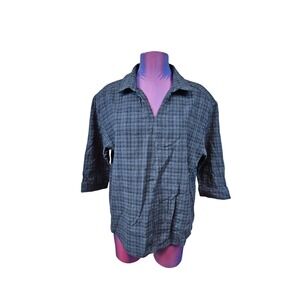 Mod Ref Blue & Black Plaid Crinkle 3/4 Sleeve Collared Shirt Size Medium Q29